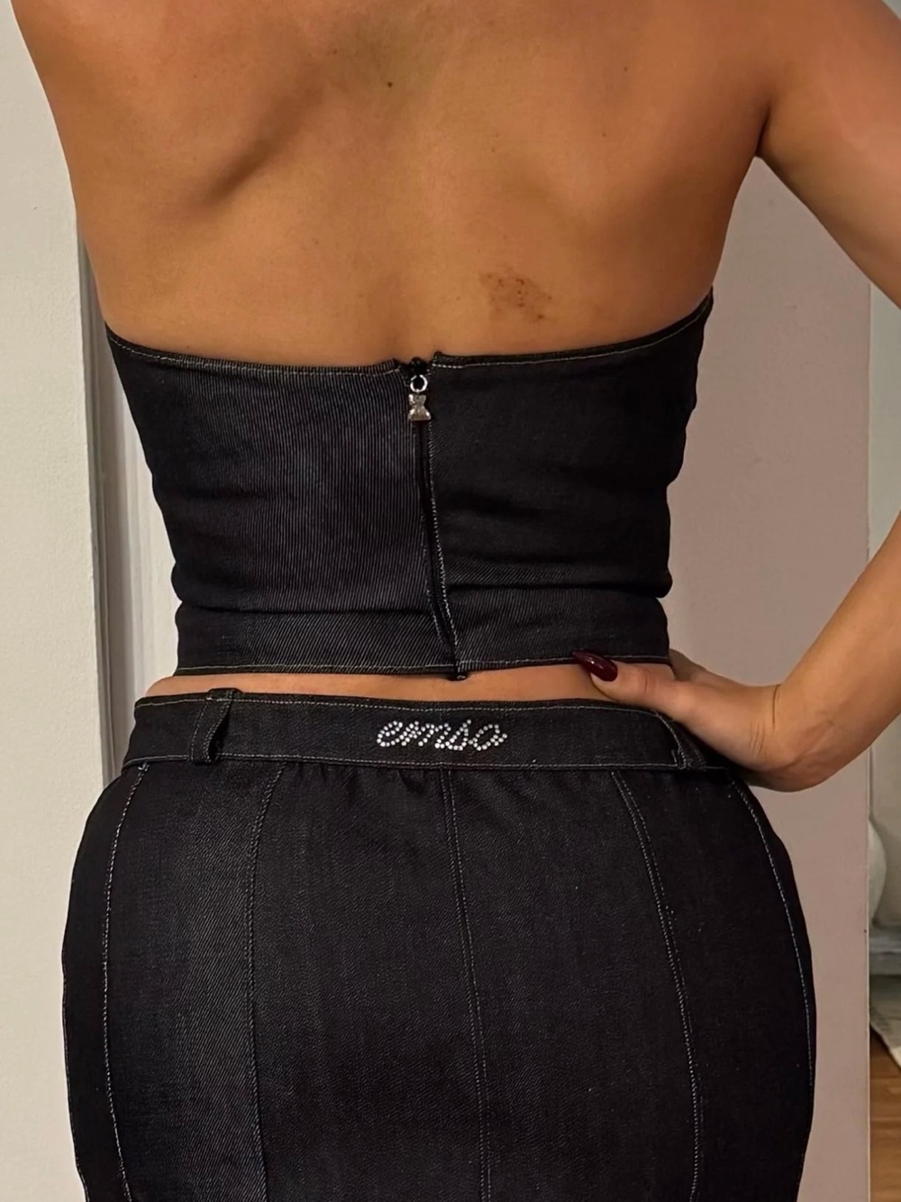 Dark navy Denim Two-Piece Set with Rhinestone Logo